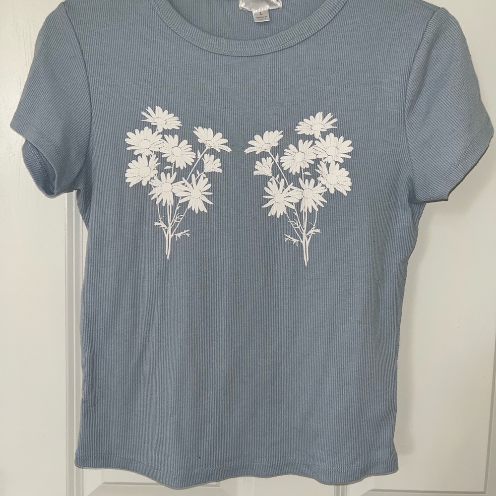 Blue T-Shirt with White Floral Design